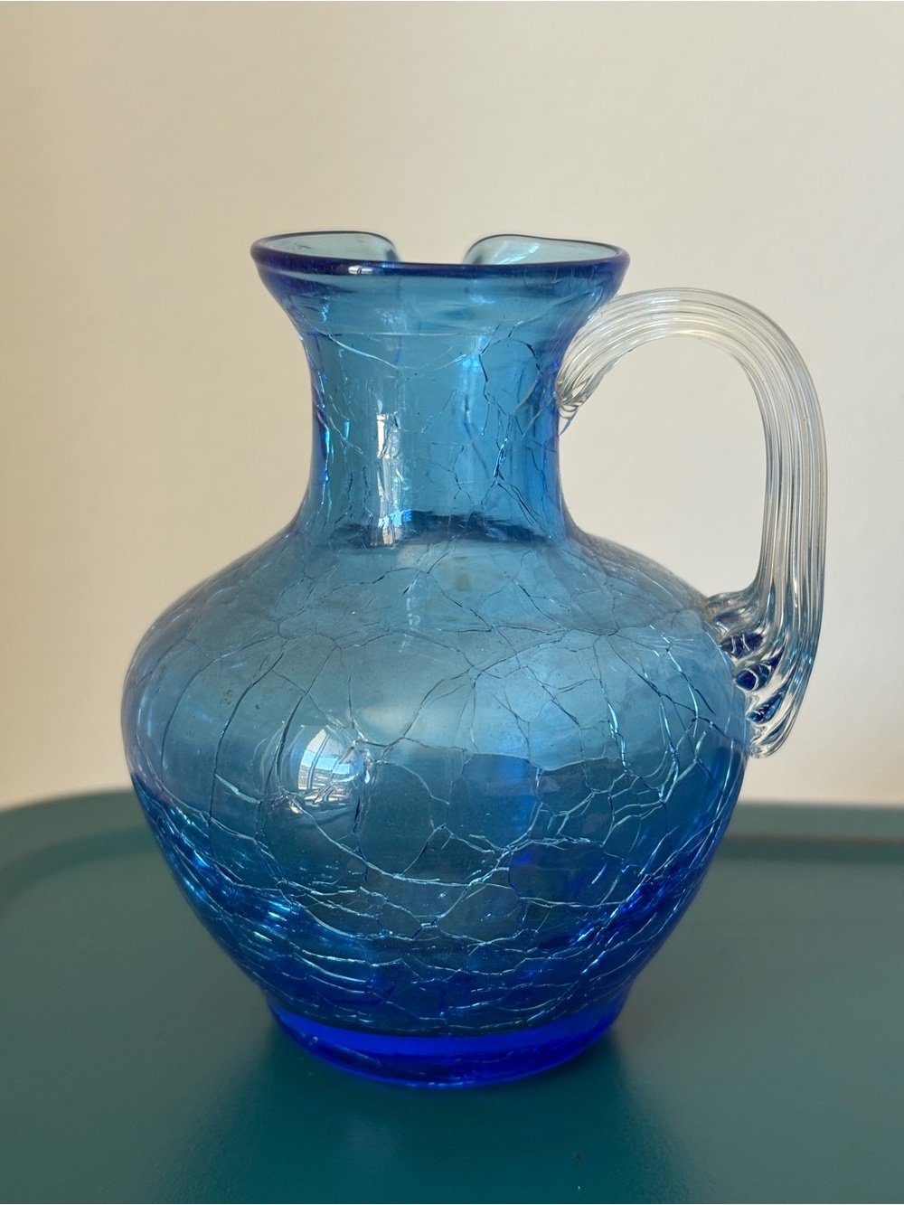 Vintage Mid Century Blue Crackle Glass Miniature Pitcher Creamer Rough Pontil